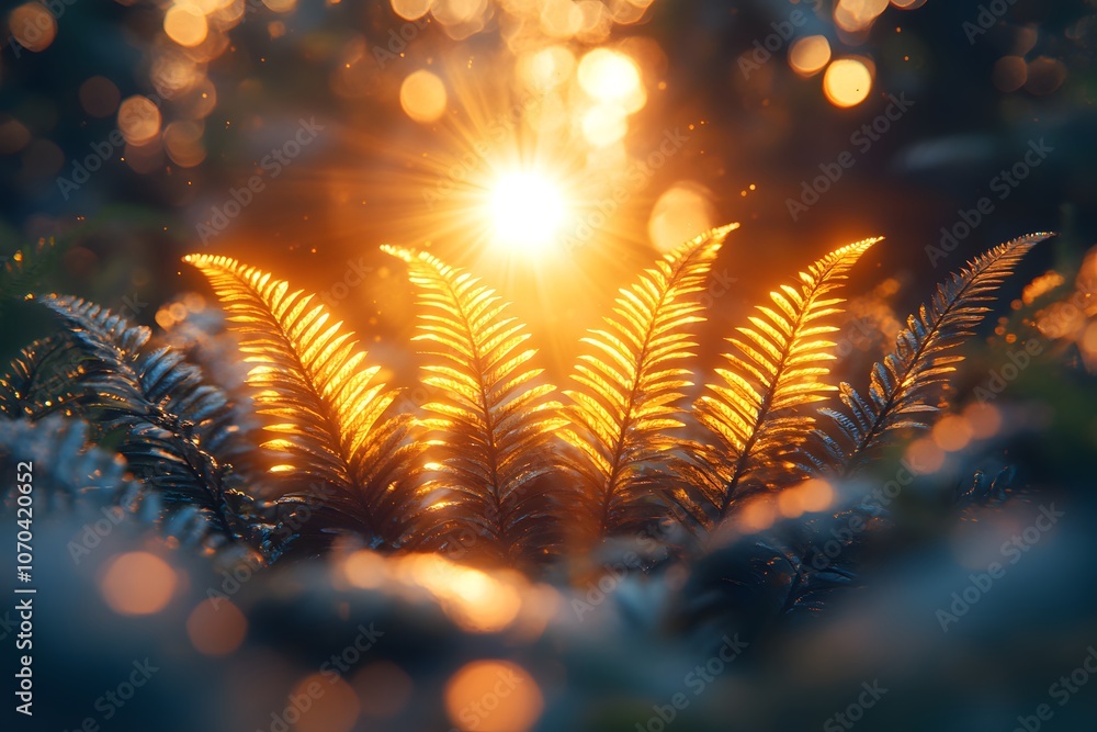 Poster a serene close-up of illuminated ferns with sunlight filtering through, creating a magical atmospher