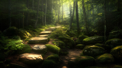 Fototapeta premium A stone path winds through a lush green forest, bathed in warm sunlight.