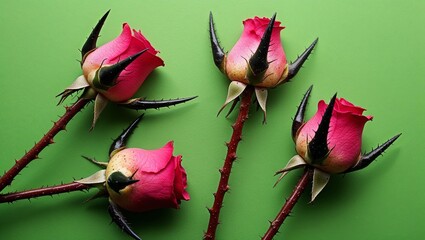Fototapeta premium Unfriendly nature concept: rose thorns details. Unfriendly nature concept. rose thorns on green background