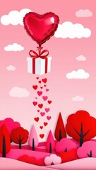 Gift box with heart balloon floating it pink sky, Happy Valentine's Day banners, paper art style. Love concept for happy mother s day, valentine s day, birthday day. Copy space background