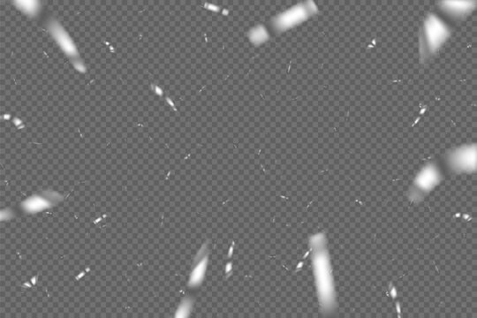 Silver confetti congratulations background. Platinum ribbons and confetti party pattern on transparent background. Congratulations horizontal banner with copy space. Gift elegant vector illustration.