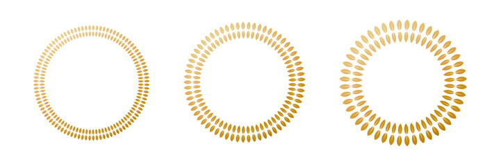 Gold laurel wreath. Winner medal award set vector illustration. Golden branch of olive leaves of victory symbol, insignia emblem decoration, triumph honor champion prize isolated on transparent.