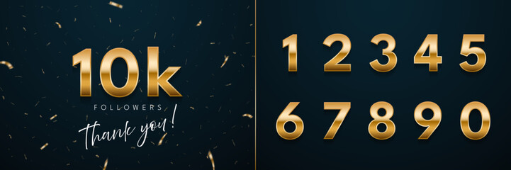 10k followers celebration vector illustration set with numbers from 0 to 9. 3d social media achievement poster. Followers thank you lettering with golden sparkling confetti ribbons on dark blue.