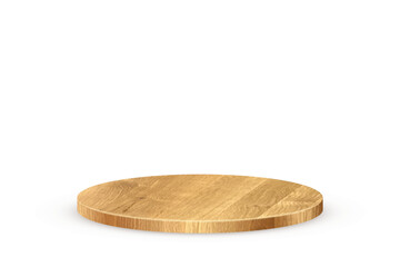 Wooden 3d podium on transparent background. Round stage display product. Empty circle stand pedestal of natural wood for luxury product presentation. Realistic modern vector illustration.