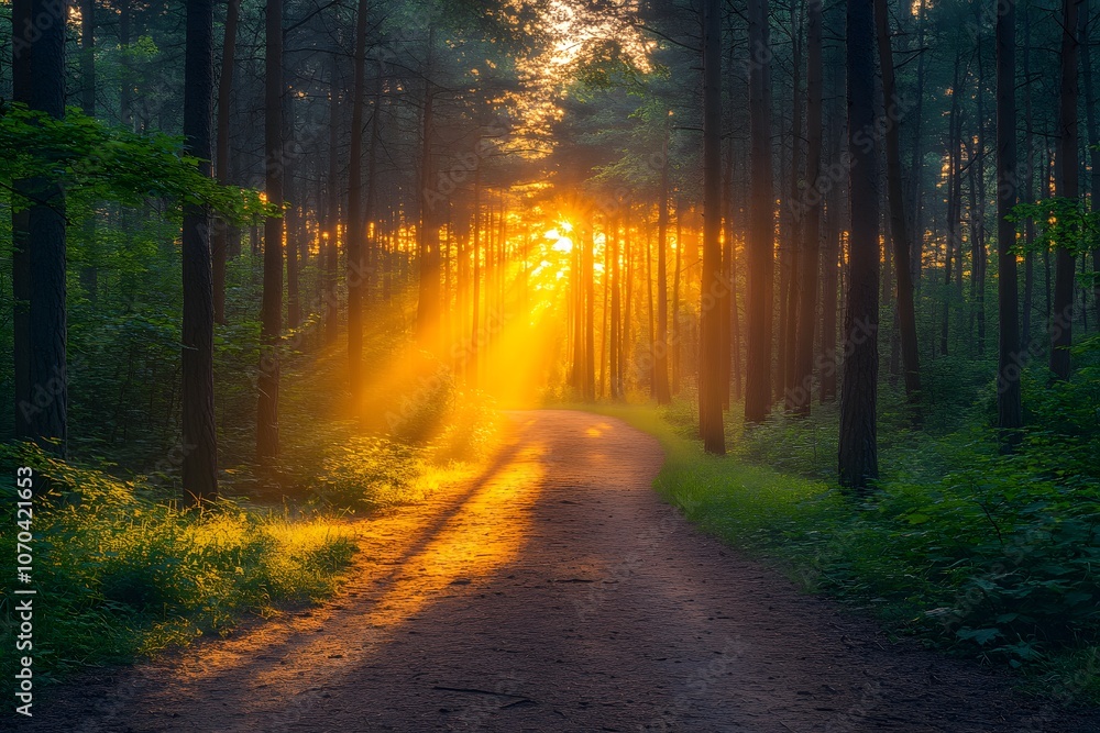 Poster a serene forest path illuminated by golden sunlight filtering through tall trees.