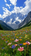 Obraz premium A vibrant wildflower meadow in the foothills of a snow-capped mountain range, with a blue sky and fluffy clouds.