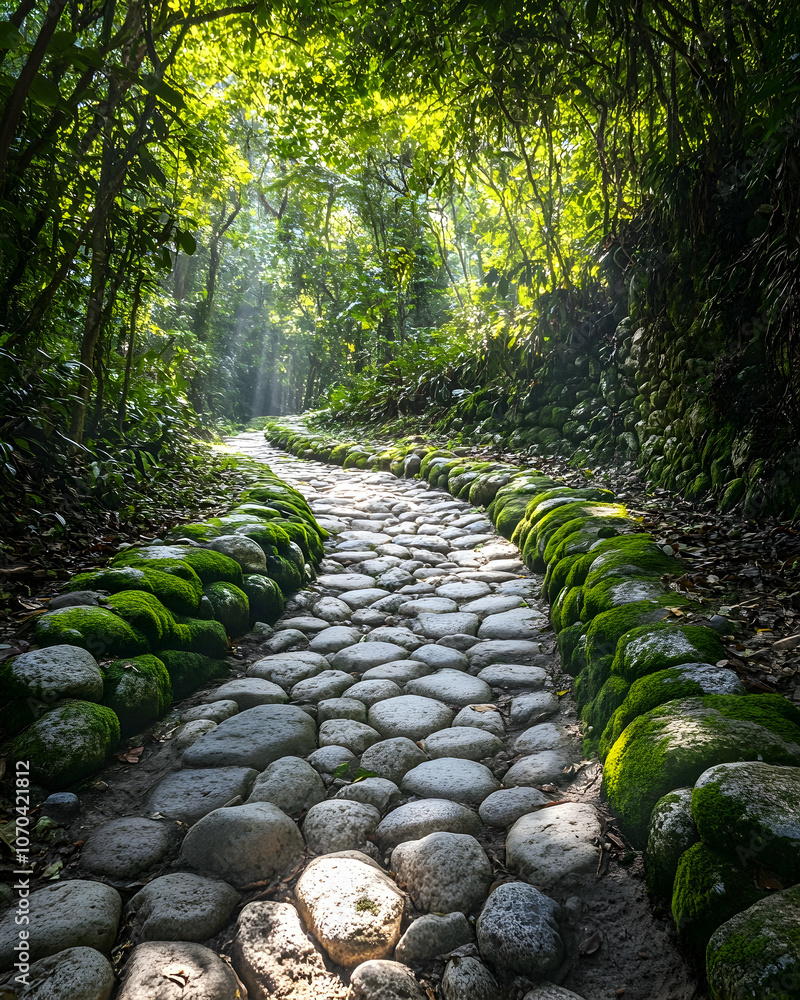 Poster a winding stone path through a lush green forest with sunlight filtering through the canopy.