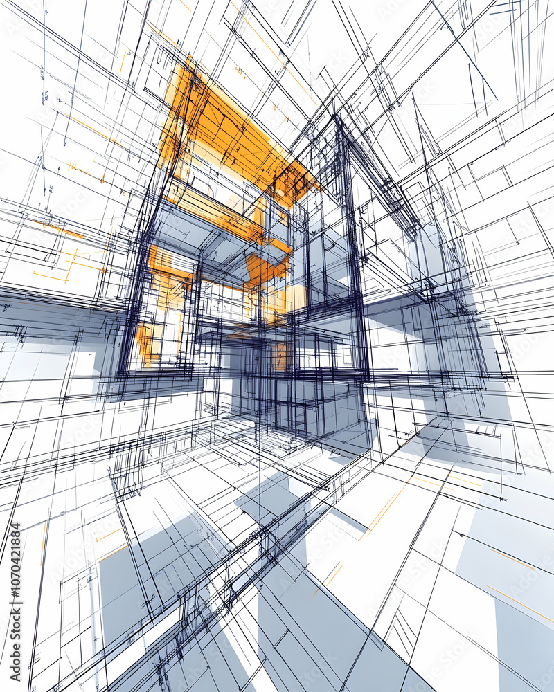 Poster abstract architectural rendering of a modern building with wireframe and orange accents.