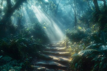 A serene forest path illuminated by sunlight, inviting exploration and tranquility.