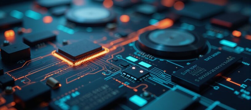 Digital art illustration depicting a technological perspective on cyberspace with intricate details focused on data networks and connections against a dynamic background