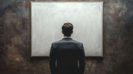 Obraz premium A man in a suit stands contemplatively in front of a blank canvas against a textured background, evoking introspection and potential.