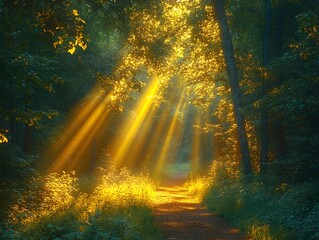 Obraz premium A serene forest path illuminated by golden sunlight filtering through the trees.