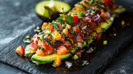 A healthy dinner with avocado on a slate serving tray.