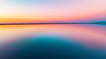 Obraz premium Wide-angle view of a rice plant field at dusk with warm golden tones on the horizon and water reflecting the soft pink sky
