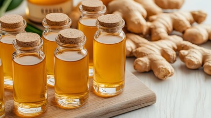 Table Full of Ginger Shots | Healthy Boost, Natural Wellness, Fresh Ingredients, Immune Support, Energising Drink, Wellness Lifestyle