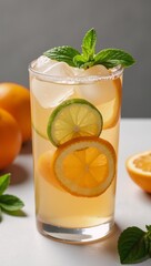 A refreshing citrus cocktail featuring ice and mint garnish Mixed drink