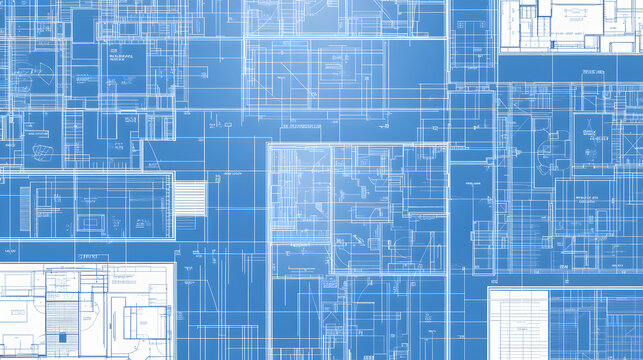 Abstract blue print design with overlapping blueprint lines and shapes.