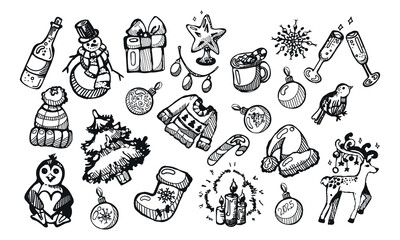 Hand drawn set of Christmas doodle icons. Christmas tree, Santa hat, snowman, gift, star, sweater in sketch style. Vector illustration isolated on white background. Winter postcard.