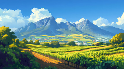 Breathtaking vista of somerset west's rolling hills, verdant vineyards, and majestic helderberg mountains, set against a vibrant blue sky near cape town, western cape. Majestic. Illustration