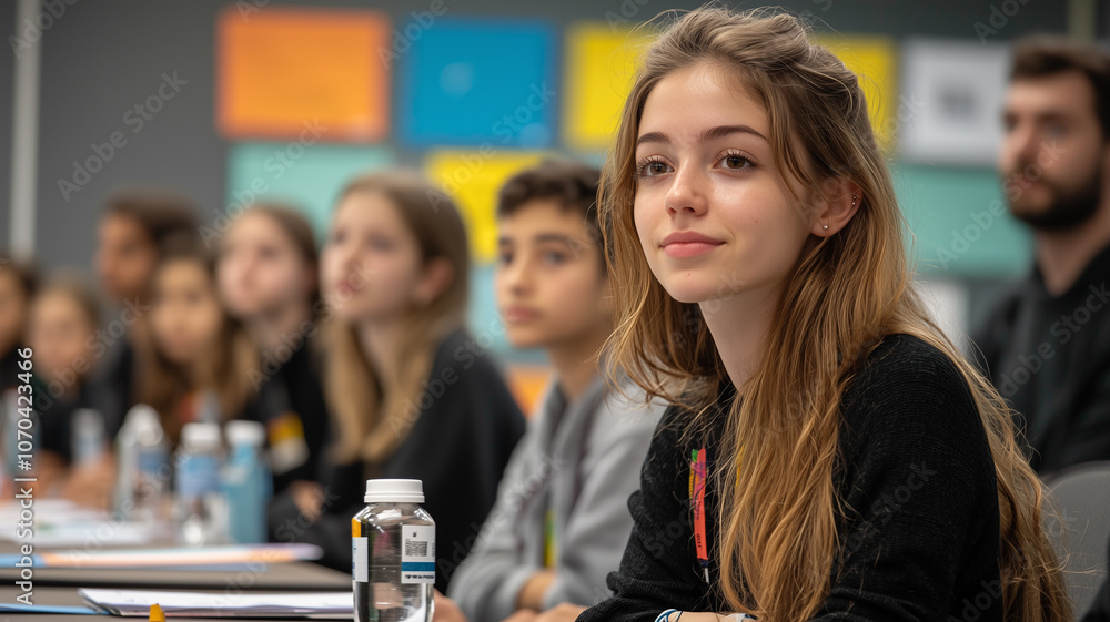 Poster diverse group of students attentively listening in classroom setting, focused and engaged