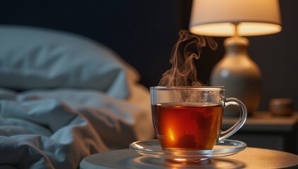 A soothing nightstand scene with chamomile tea signifying peaceful relaxation to promote better sleep