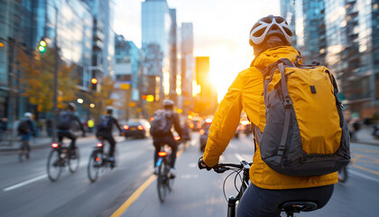 group of cyclists commute through bustling city street at sunrise, wearing helmets and backpacks, surrounded by tall buildings and vibrant urban life