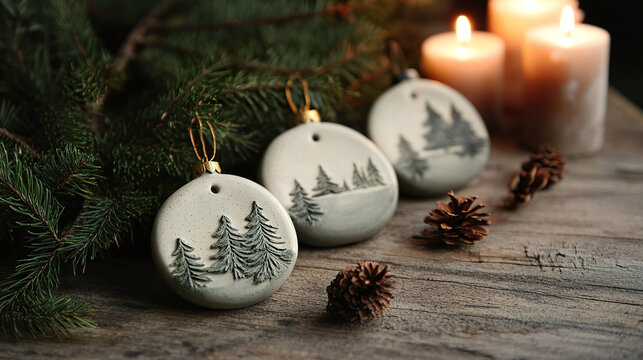 A set of handmade ceramic Christmas ornaments featuring an engraved pine tree design, arranged on a rustic wooden surface with pine needles and softly glowing candles. - Powered by Adobe