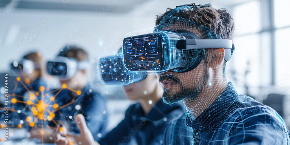 Poster group of students in modern classroom uses virtual reality headsets for immersive learning experienc