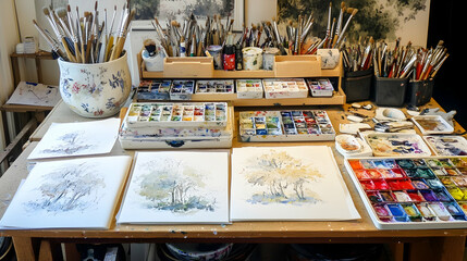 An artist's work table with paints, brushes, and watercolor paintings in progress.