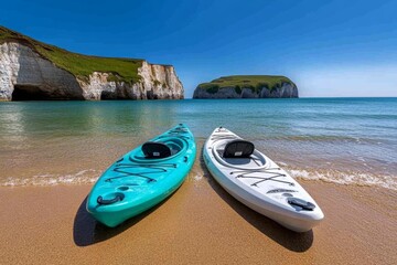 A kayak and paddleboard on a quiet beach, ready for an adventure, with scenic cliffs in the background