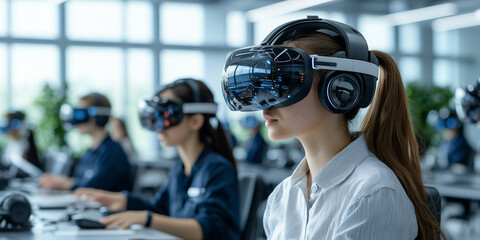 diverse group of students in modern classroom, each wearing virtual reality headsets, engaged in immersive learning experiences