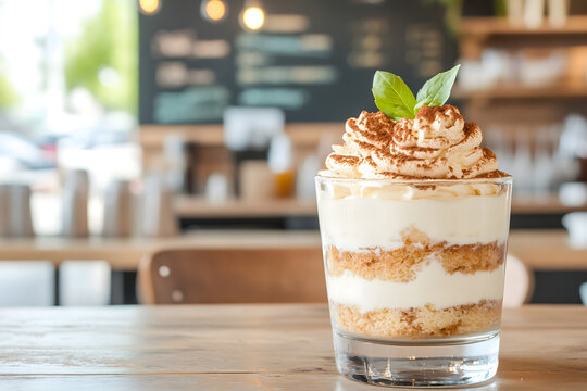 Tiramisu in a glass with a blurred cafe background.