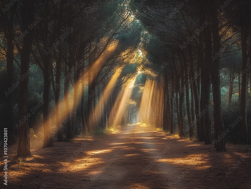 Poster a serene forest path illuminated by soft sunlight filtering through tall trees.