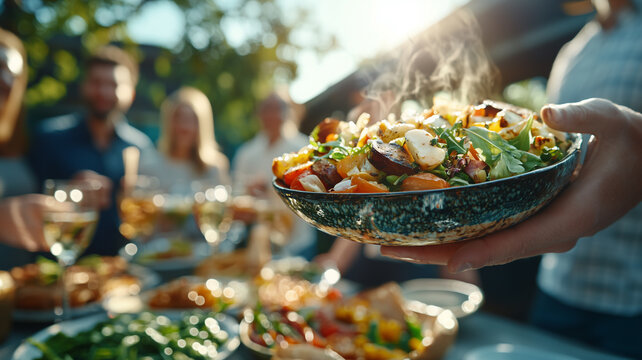 group of people enjoying vibrant outdoor meal with steaming bowl of salad, surrounded by various dishes on sunny day, creating warm and inviting atmosphere