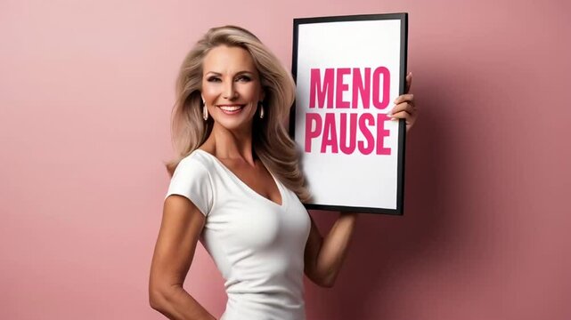 Beautiful smiling aging woman holding sign with menopause text on colorful background