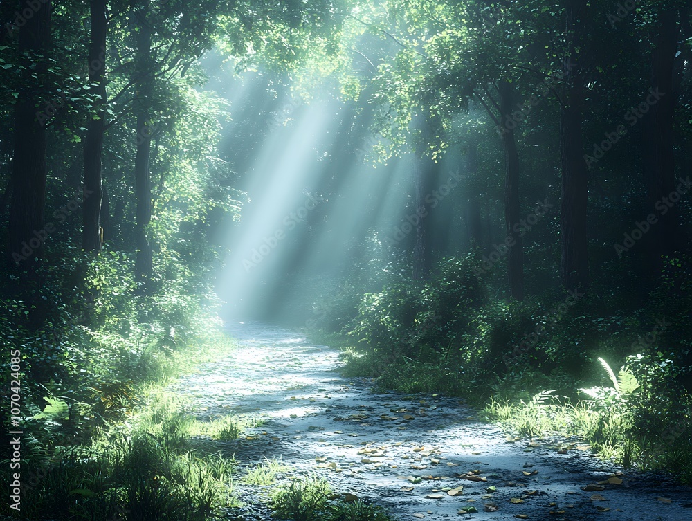 Poster a serene forest path illuminated by soft sunlight filtering through trees.