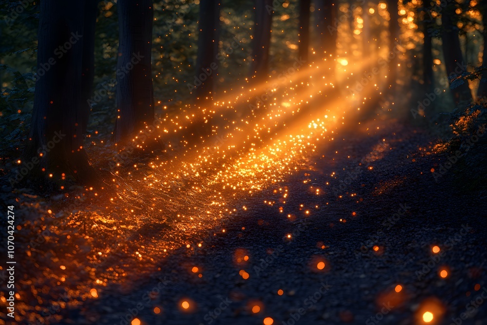 Poster a serene forest path illuminated by golden light and floating particles.