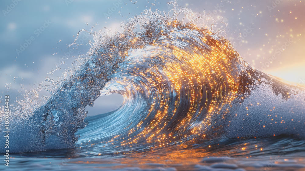 Poster captivating image of big ocean waves with bright crests and foam. the scene showcases dynamic moveme
