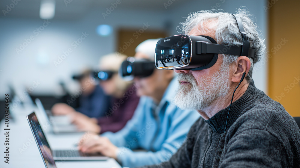 Poster group of seniors in technology class eagerly explores virtual reality using headsets and laptops, showcasing their enthusiasm for learning new digital skills