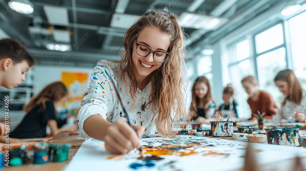 Poster lively group art lesson in bright, spacious classroom with students joyfully painting together, crea
