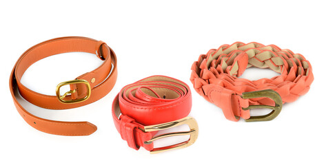 Set of elegant leather belts isolated on white. Collage. Free space for text. Wide photo.