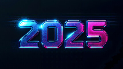 A neon text that reads 2025 on a dark background