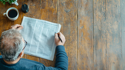 man enjoys peaceful morning reading newspaper with cup of coffee on rustic wooden table