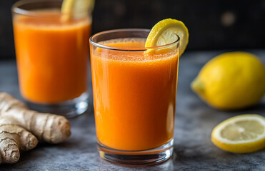 Fototapeta premium A glass of freshly made carrot juice with a lemon wedge garnish. A whole lemon and ginger root sit next to the drink, hinting at the ingredients