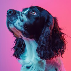 Portrait of an English Springer Spaniel in a studio with a vibrant background highlighting its expressive features and curly fur