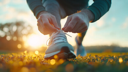 man lacing up running shoes on grassy field at sunrise, ready for morning jog. scene captures calm and focus of preparing for exercise in fresh morning air