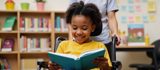 An inclusive image portraying a happy African American child reading a library book while seated in a wheelchair