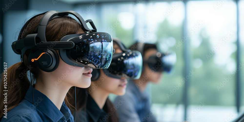 Poster multicultural group of students using vr headsets in modern classroom setting, focused on immersive 
