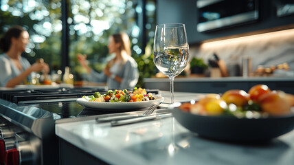 modern kitchen with family enjoying meal, featuring glass of water and fresh salad on marble countertop, creating warm and inviting atmosphere