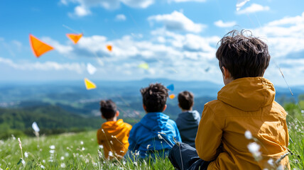 group of children in colorful jackets enjoy sunny day flying kites on grassy hill, with scenic view of countryside and bright blue sky filled with fluffy clouds